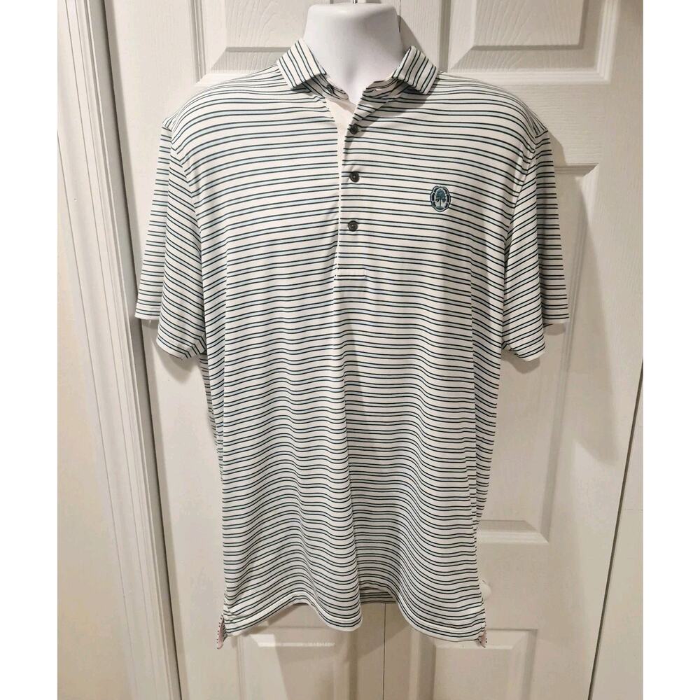 Greyson Golf Polo Performance Shirt Mens Large Blue White Striped Wolf Logo